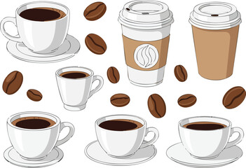 Coffee Collection Cups, Beans, and Takeout in an Illustration