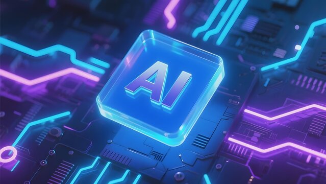 A glowing AI chip on a futuristic circuit board with neon pathways