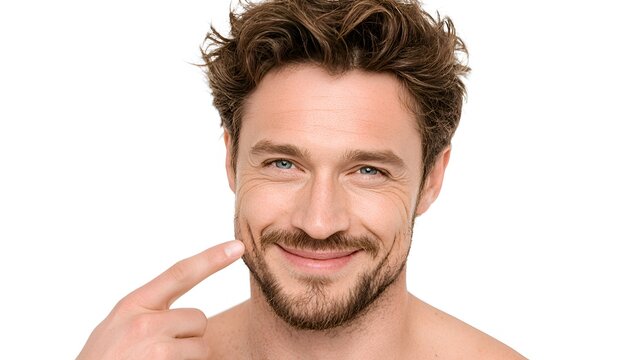 A handsome smiling man with a beard points to his cheek dimple with his finger against a bright white studio backdrop looking happy and healthy.