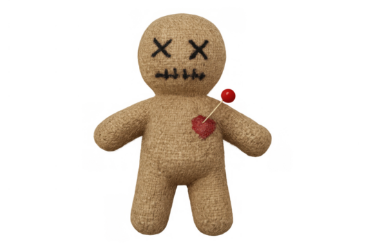 Voodoo doll representing pain and revenge, a symbol of bad luck, curse, and dark magic, isolated on transparent background