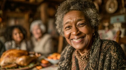 A happy senior African American woman smiles warmly du Thanksgiving dinner surrounded by family in a cozy and inviting home setting.