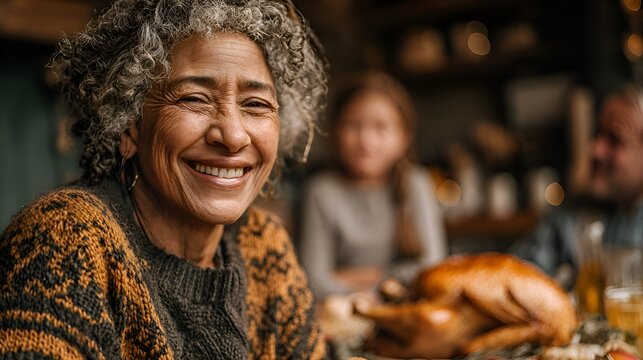 Joyful senior woman with gray hair smiles brightly du Thanksgiving dinner with her family gathered around a festive table setting.
