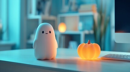A cute ghost figurine and glowing pumpkin, perfect for a cozy, festive atmosphere.