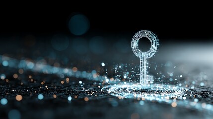 A digital key illuminated by particles representing security and innovation.