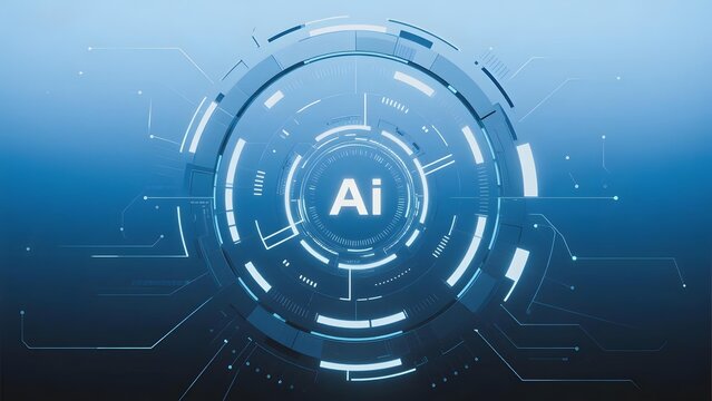 Digital interface with AI symbol in futuristic circular design on blue background