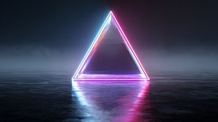 A glowing neon triangle illuminated above a reflective surface in a dark atmosphere.