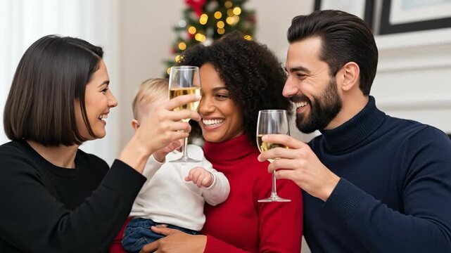 Happy multi-ethnic family with a baby celebrating holidays, toasting champagne glasses in a festive home setting