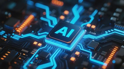 Fototapeta premium Artificial intelligence chip on a futuristic circuit board with glowing blue pathways and AI label