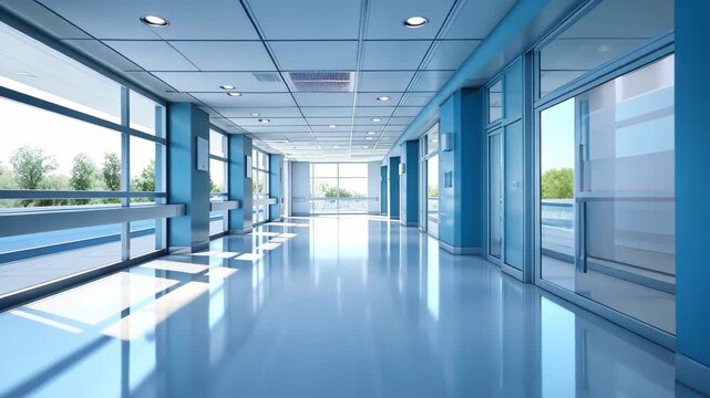 Light-Filled Corridor: A spacious, modern corridor, flooded with natural light, offers a sense of tranquility and openness with reflective surface.