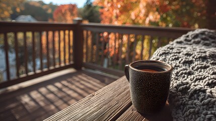 A dark mug with warm beverage sits on rustic wooden deck overlooking vibrant fall foliage and tranquil river in autumn season outdoors.