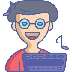 Smiling Person With Glasses Wearing Red Shirt And Blue Headband Listening To Music With A Small Keyboard In Front Of Them