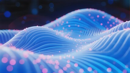 Abstract blue wave patterns with glowing pink particles in a futuristic digital landscape