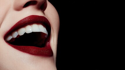 Close up of a wide open mouth displaying bright white teeth and dark red lipstick against a black background