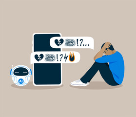 A depressed young man sits on the floor, hugging his head. Mental health risks from interacting with artificial intelligence. A soulless robot worsens depression, disorder, stress. Vector illustration