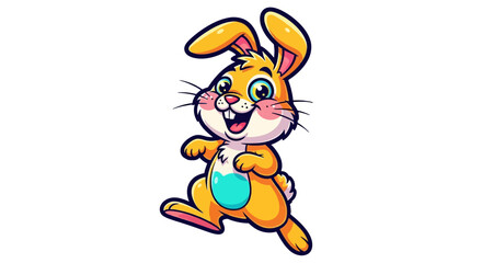 Cute cartoon orange rabbit with a happy expression hopping playfully on a white background.
