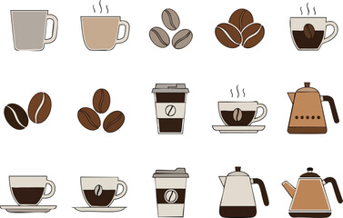 Collection of Minimalist Coffee Icons Beans, Cups, and Teapots