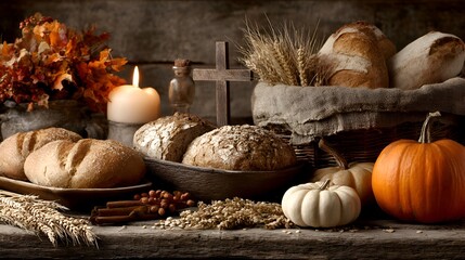 Harvest arrangement with fresh baked bread pumpkin and religious cross for autumn themed feast celebration on rustic wooden surface setting scene.