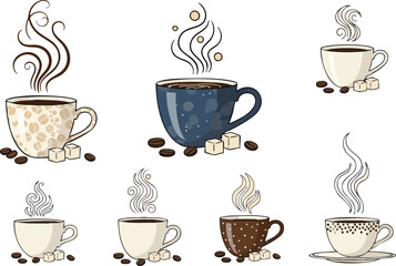 Various Coffee Cups with Beans and Sugar Cubes