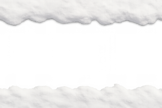 Winter snow accumulating on top and bottom forming frame border with transparent background for seasonal design