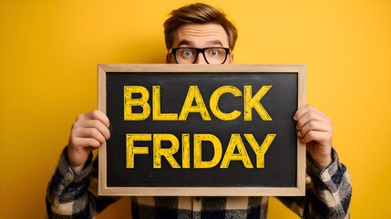 Young man with glasses excitedly holds a Black Friday sign against a bright yellow background, anticipating shopping deals and promotions today.