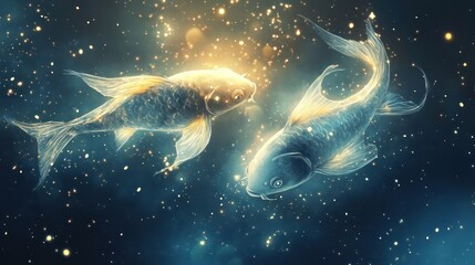 Enchanting koi fish dance in a galaxy of starlight, a captivating celestial ballet
