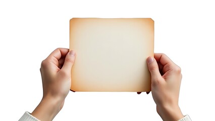Hands holding blank aged paper card with copy space isolated on white background, top view