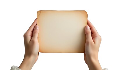 Hands holding a blank aged parchment paper, a vintage document or a historical letter against a white background, offering a clear space for text or graphics