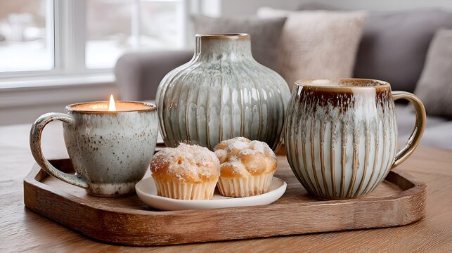 Warm candle and muffins served on a wooden tray with ceramic vase and mugs creates cozy atmosphere near a window du winter season.