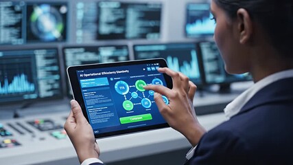 Woman managing AI operational efficiency data on a tablet in a high tech control room analyzing advanced analytics and digital network for business intelligence - Powered by Adobe