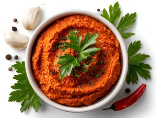 A bowl of delicious red pepper dip adorned with parsley, accompanied by garlic and pepper, all presented beautifully on a white backdrop.