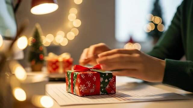 Close-up of hands wrapping a small festive Christmas gift box with red ribbon on a desk, surrounded by warm holiday lights and decorations