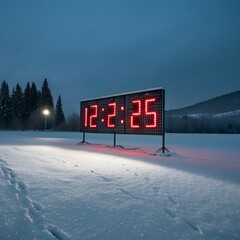Digital Scoreboard in Snowy Winter Landscape at Dusk
