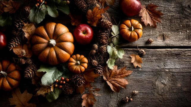 An autumn arrangement features pumpkins, red s, pine cones, and fall leaves displayed beautifully on rustic wooden table background.