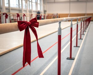 Gymnastics bars decorated with red bows in a sports hall.