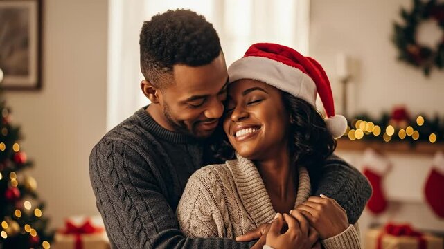 Happy young African American couple embracing and smiling during Christmas holidays at home, with festive decorations.