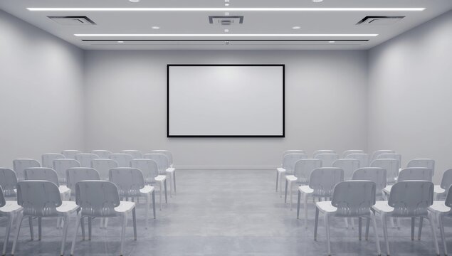 Conference room with blank, empty TV screen. Monitor mock up. Business meeting room with LCD screen for presentation, advertising. Modern, contemporary office. Copy space, template. 3d rendering