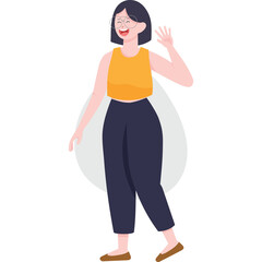 Fototapeta premium Smiling Woman With Short Black Hair Wearing Orange Tank Top And Dark Blue Pants Waving Hello And Standing On A Transparent Background With Light Grey Circle Behind Her