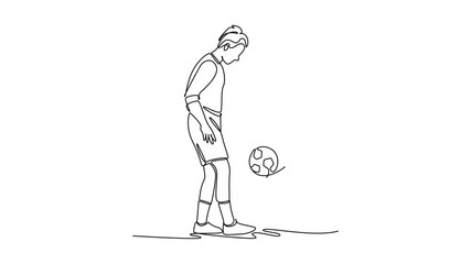 Animated self drawing of continuous line draw young woman soccer freestyle athlete expertly juggling ball off her foot with focused control. Dynamic balance of sport. Full length single line animation