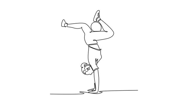 Self drawing animation of single line draw young woman soccer freestyle athlete performing inverted handstand with controlled split of the leg. Dynamic acrobatic. Continuous line. Full length animated