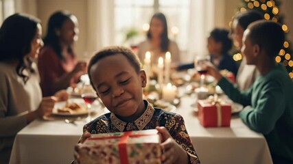 Joyful young African American boy smiling and presenting a festive Christmas gift during a warm family holiday dinner celebration at home.