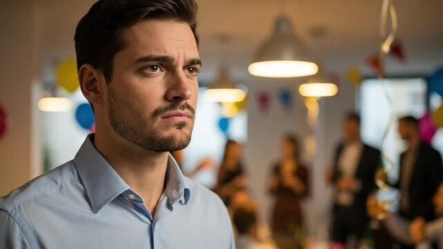 Young adult man with a pensive and sad expression, feeling isolated and lonely at a lively office party or social gathering with blurred people in the background.