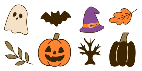 Halloween cute set with ghost, pumpkin, bat and hat.