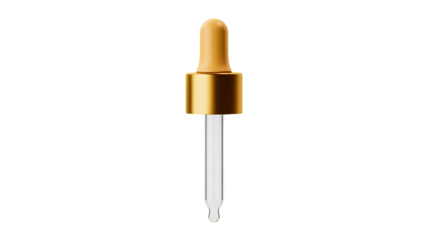 Closeup of a cosmetic glass dropper with a gold collar and beige rubber bulb, isolated on transparent background for beauty product packaging design element