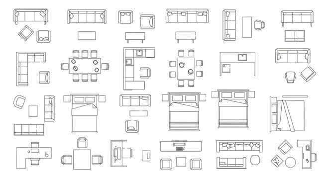 Top view architectural furniture symbols set. 2D CAD plan vector icons for interior design and floor plans