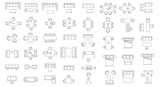 Top view architectural furniture symbols set. 2D CAD plan vector icons for interior design and floor plans