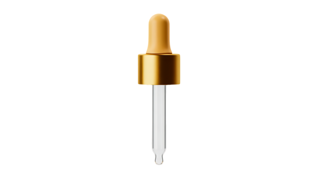 Closeup of a cosmetic glass dropper with a gold collar and beige rubber bulb, isolated on transparent background for beauty product packaging design element - Powered by Adobe