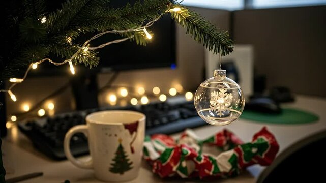 Festive Christmas Decorations Adorn an Office Desk with a Clear Snowflake Ornament, Holiday Mug, and Twinkling Lights, Creating a Cozy Winter Work Atmosphere