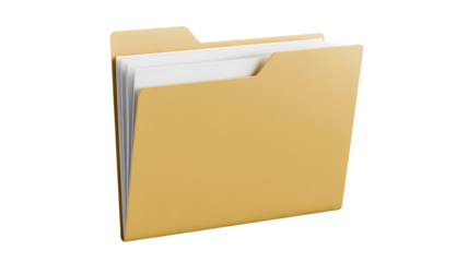 Realistic 3d rendering of a standard manila office file folder containing several white paper documents, isolated on transparent background