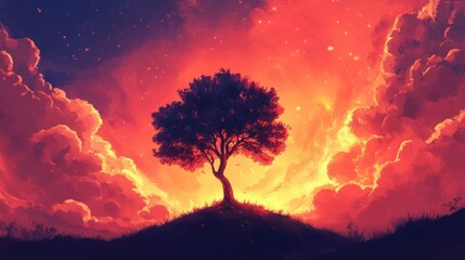Crimson twilight painting of a solitary tree against a fiery sky canvas