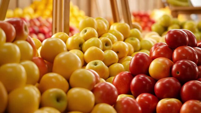  red and yellow apples piled high in a pyramid shape at a produce market or grocery store, showcasing fresh, ripe fruit and representing healthy eating choices and fresh market availability